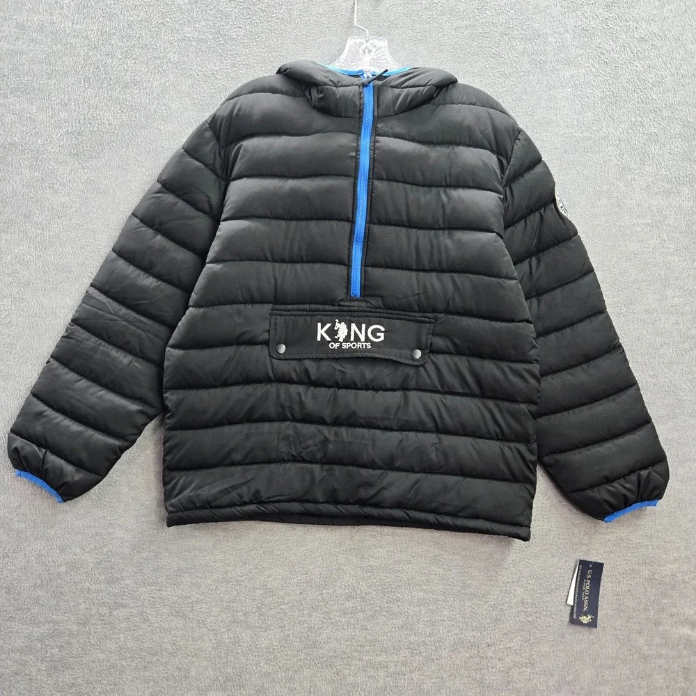 US‎ Polo Assn Boys Jacket Large Black Puffer 1/2 Zip Hoodie Long Sleeve NWT